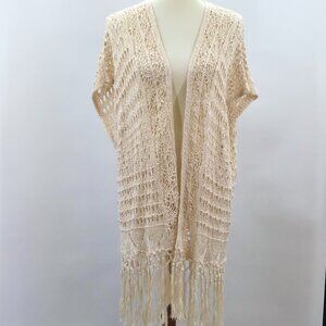 Women's L Crochet Boho Sweater Vest Long Lagenlook Beachy Cottagecore Beige
